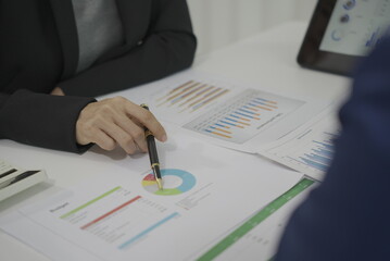 Close-up of business people discussing project plans and financial results in a business presentation meeting or seminar. Documents include financial or marketing figures, graphs and charts.
