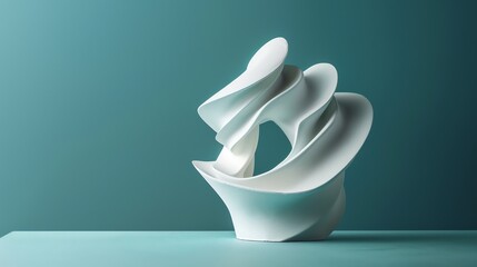Abstract white sculpture on a teal blue surface.