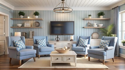 Coastal Style Living Room with Light Blue Armchairs and Nautical Decor  AI generated
