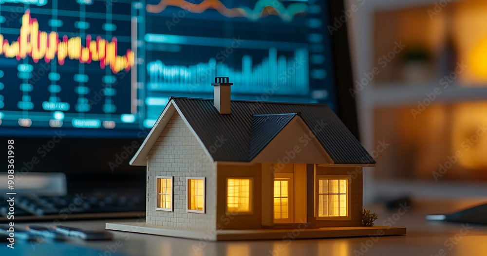 Poster miniature house with illuminated windows in front of a computer screen showing stock market data