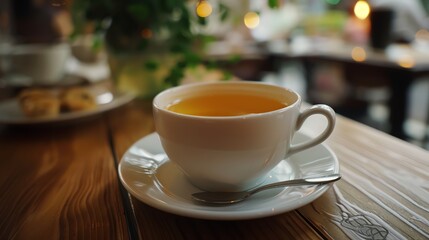 A cup of tea with a saucer and spoon on a wooden table.