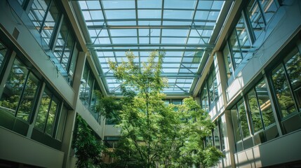 Symmetrical atrium with natural light filtering through a glass roof