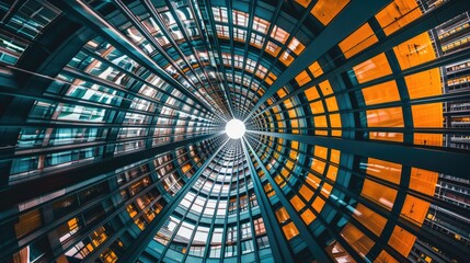 Symmetrical atrium with natural light filtering through a glass roof