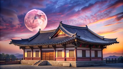 Serene Hanok Under a Pink Moon  AI Generated
