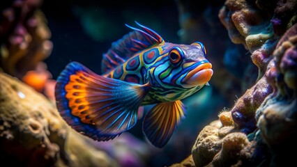 Obraz premium Mandarin Fish in the Sea Cave: A Secret World AI Generated