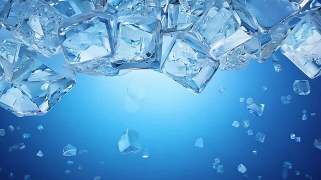 Glimmering ice cubes descend gracefully in a serene underwater tableau, reflecting light and creating a tranquil atmosphere.