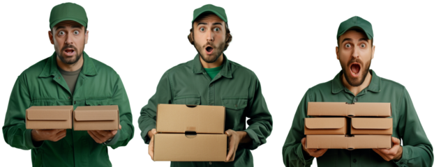 Surprised pizza delivery man holding pizza box on transparent background