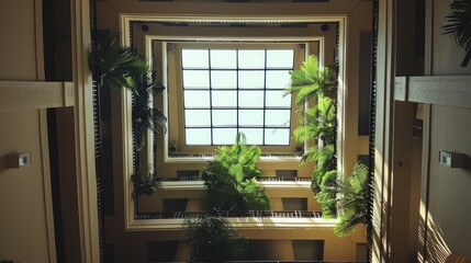 Symmetrical atrium with natural light filtering through a glass roof
