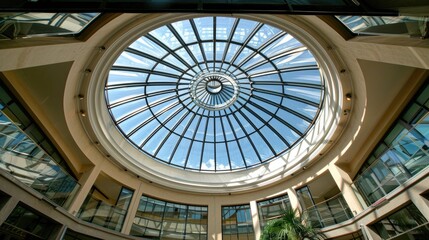 Symmetrical atrium with natural light filtering through a glass roof