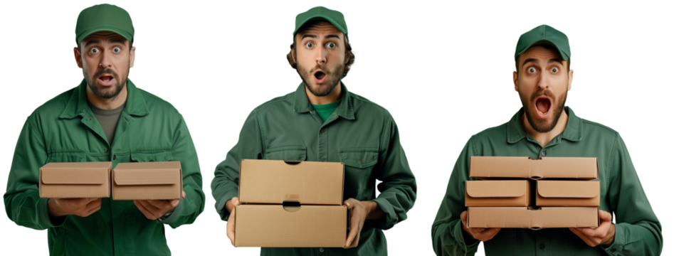 Surprised pizza delivery man holding pizza box on transparent background
