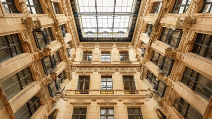 Symmetrical atrium with natural light filtering through a glass roof