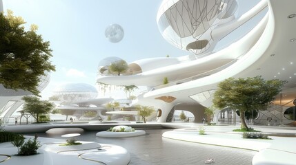 Urban landscape with mix of futuristic and classical architecture