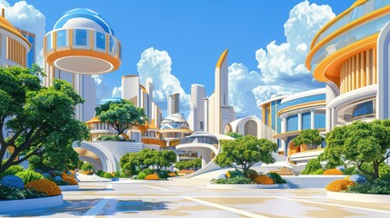 Urban landscape with mix of futuristic and classical architecture