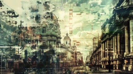 Urban landscape with mix of futuristic and classical architecture