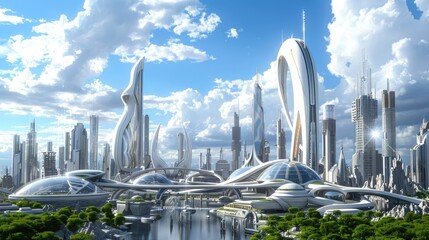 Urban landscape with mix of futuristic and classical architecture