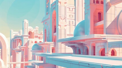 Urban landscape with mix of futuristic and classical architecture