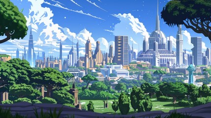 Urban landscape with mix of futuristic and classical architecture