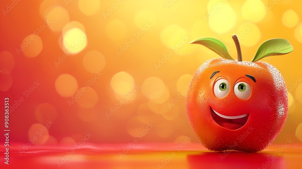 Poster A cartoon apple with a smiley face on a yellow and orange background.