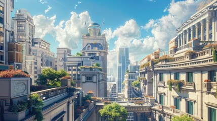 Urban landscape with mix of futuristic and classical architecture