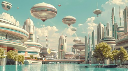 Urban landscape with mix of futuristic and classical architecture