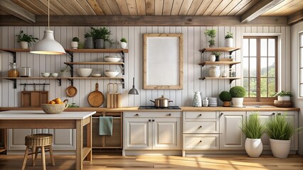 Farmhouse Kitchen with a Classic Appeal: A Mockup Poster Frame with a Vintage Style Print  Generative AI