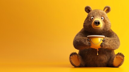 A cute cartoon bear sitting and holding a honey pot in front of an orange background.