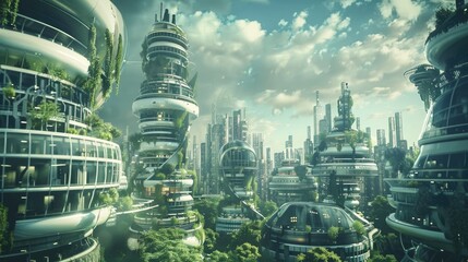 Urban landscape with mix of futuristic and classical architecture