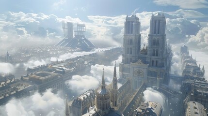 Urban landscape with mix of futuristic and classical architecture