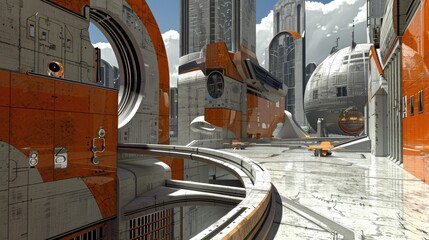 Urban landscape with mix of futuristic and classical architecture