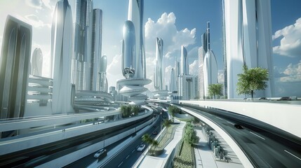 Urban landscape with mix of futuristic and classical architecture