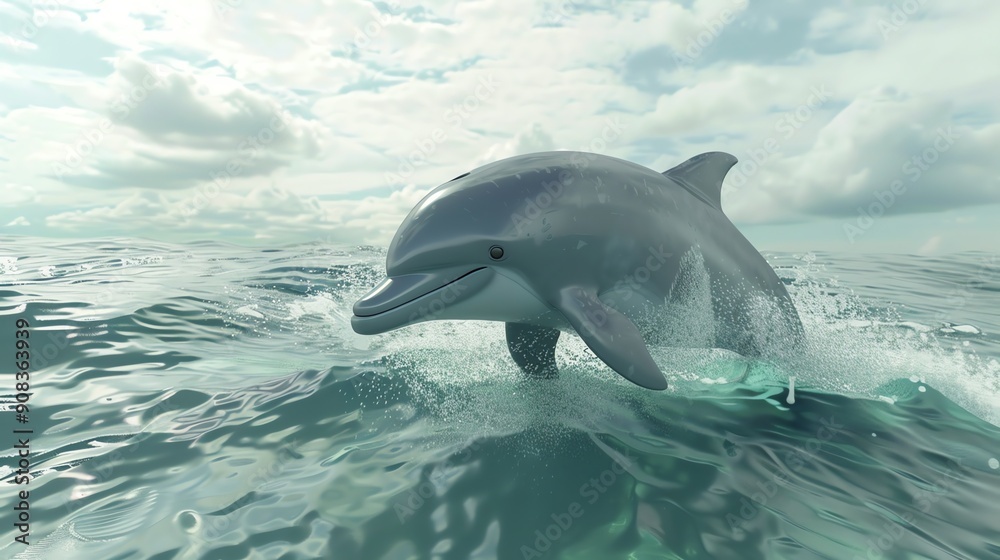 Poster A dolphin leaps out of the water in a beautiful ocean scene.