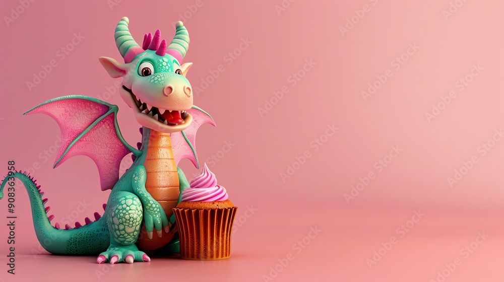 Wall mural A cartoon dragon with pink wings holding a cupcake.