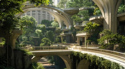 Urban landscape with mix of futuristic and classical architecture