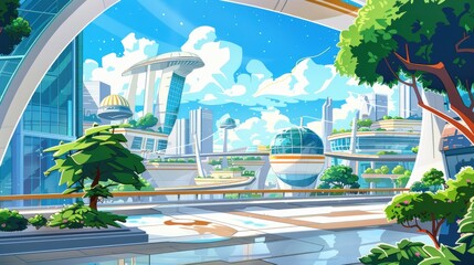 Urban landscape with mix of futuristic and classical architecture