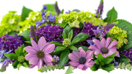 Purple and green flower bouquet isolated on transparent background