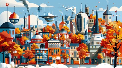Urban landscape with mix of futuristic and classical architecture