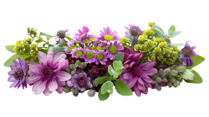 Purple and green flower bouquet isolated on transparent background