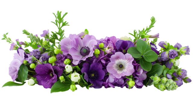Purple and green flower bouquet isolated on transparent background