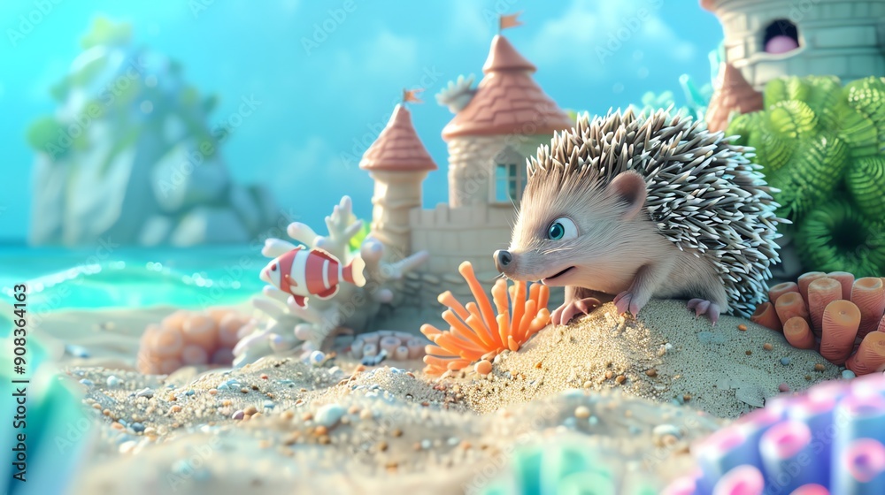 Canvas Prints A cute hedgehog looks at a clownfish in a cartoon beach setting.