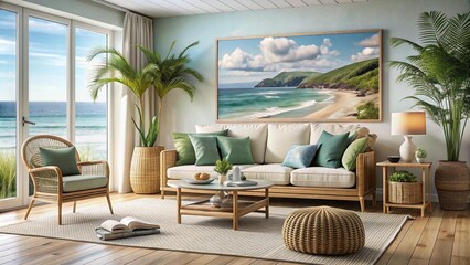 Serene Coastal Scandi-Boho Living Room with Ocean-Inspired Accents  Generative AI