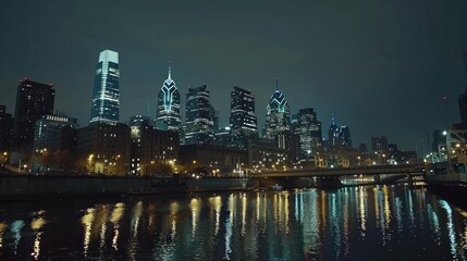 Naklejka premium Night view of downtown with tall skyscrapers light street background.