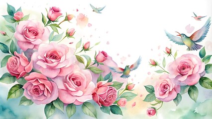 Whimsical Watercolor Flight of Pink Roses  Generative AI