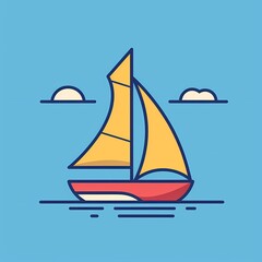 Fototapeta premium Colorful sailboat on a serene blue background with fluffy clouds.