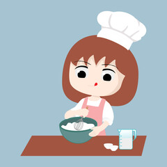 child chef with a spoon stir the mixture with a whisk