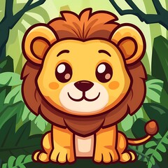 Obraz premium Cute cartoon lion in a jungle setting featuring vibrant greenery.