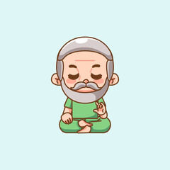 Cute india grandpa meditation yoga kawaii chibi character mascot illustration outline style
