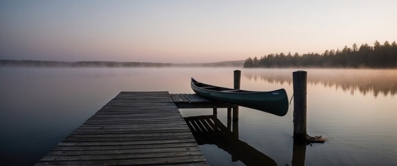 Naklejka premium An old wooden dock at dawn, leading into a misty lake, evoking peace and serenity