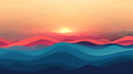 Abstract layered landscape with a sunset in the background.