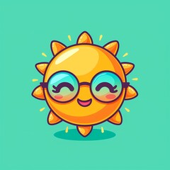 Fototapeta premium Cute cartoon sun with glasses, smiling happily on a bright turquoise background.