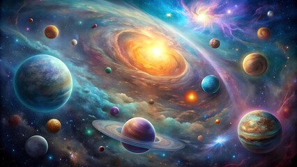 Celestial Symphony: A Tapestry of Planets in Cosmic Hues  generative AI
